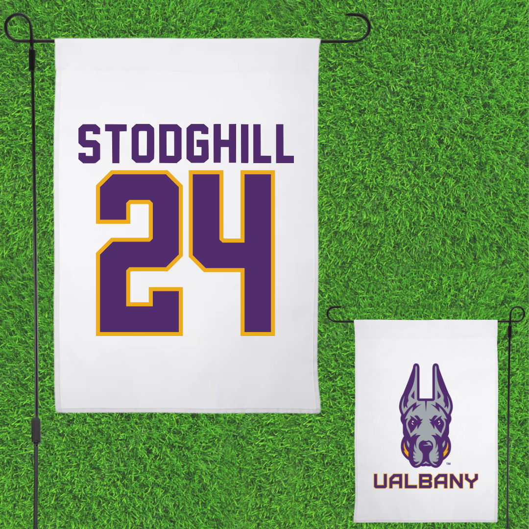 University at Albany Football White Garden Flag - #24 Cam Stodghill