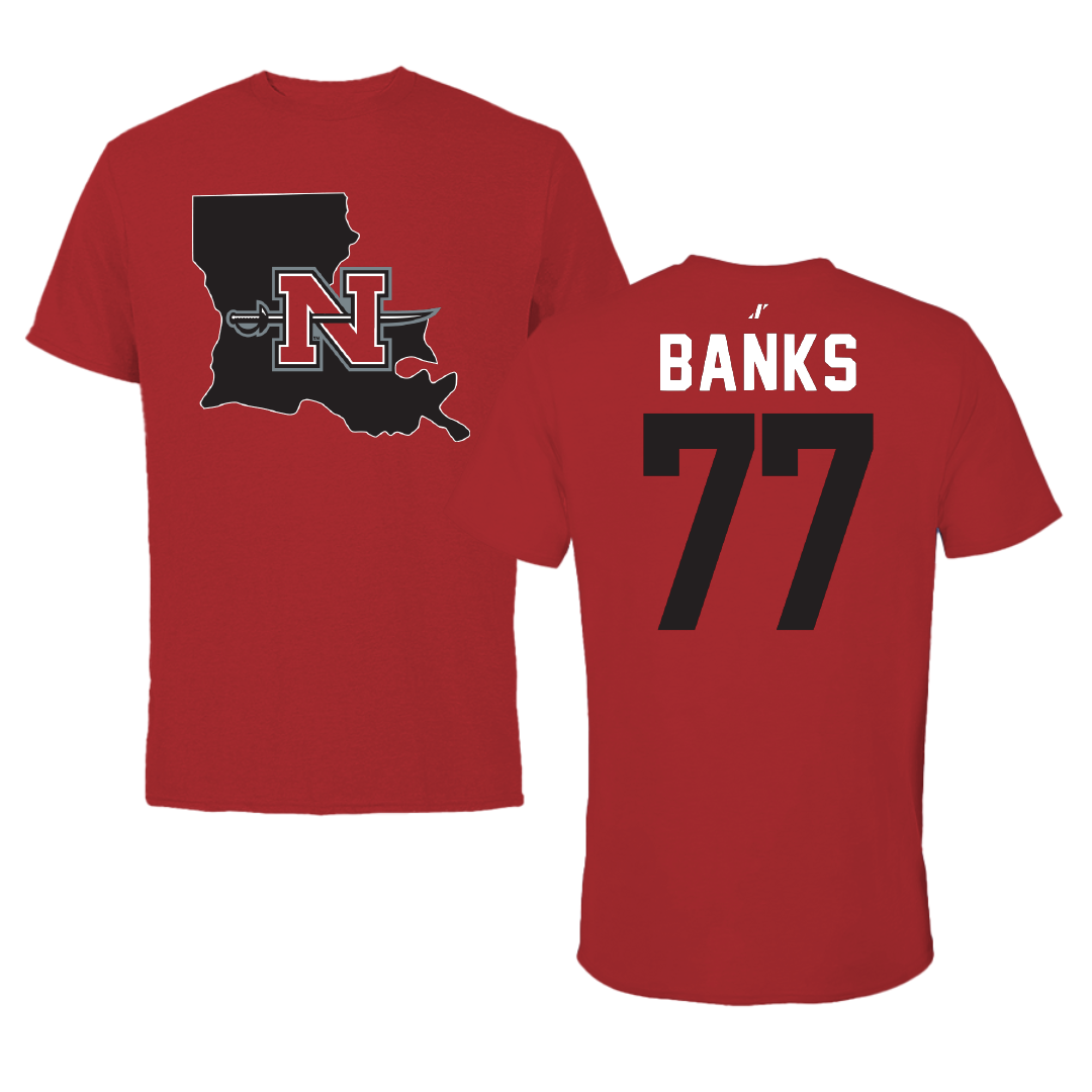 Nicholls State University Football Canvas Red State Tee - #77 Cam Banks