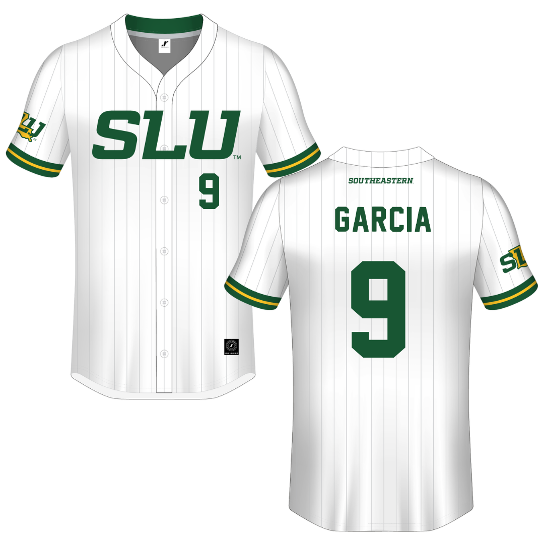 Southeastern Louisiana University White Pinstripe Button-Down Jersey - #9 Christian Garcia