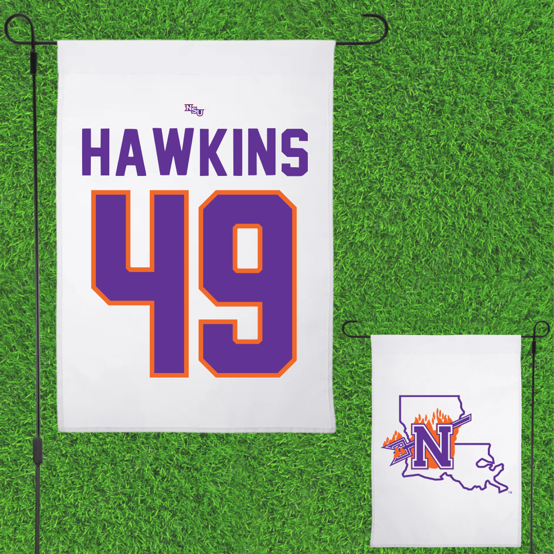 Northwestern State University Football White Garden Flag - #49 Christian Hawkins