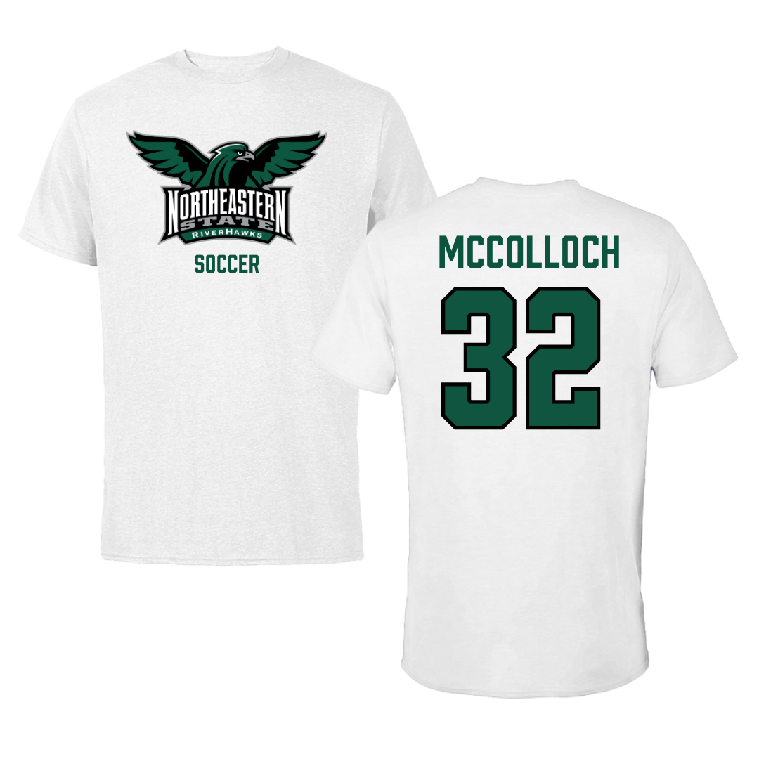 Northeastern State University Soccer White Tee - #32 Cameron McColloch