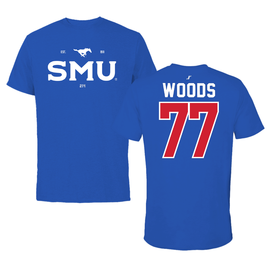 Southern Methodist University Football Blue General Performance Tee - #77 Alex Woods