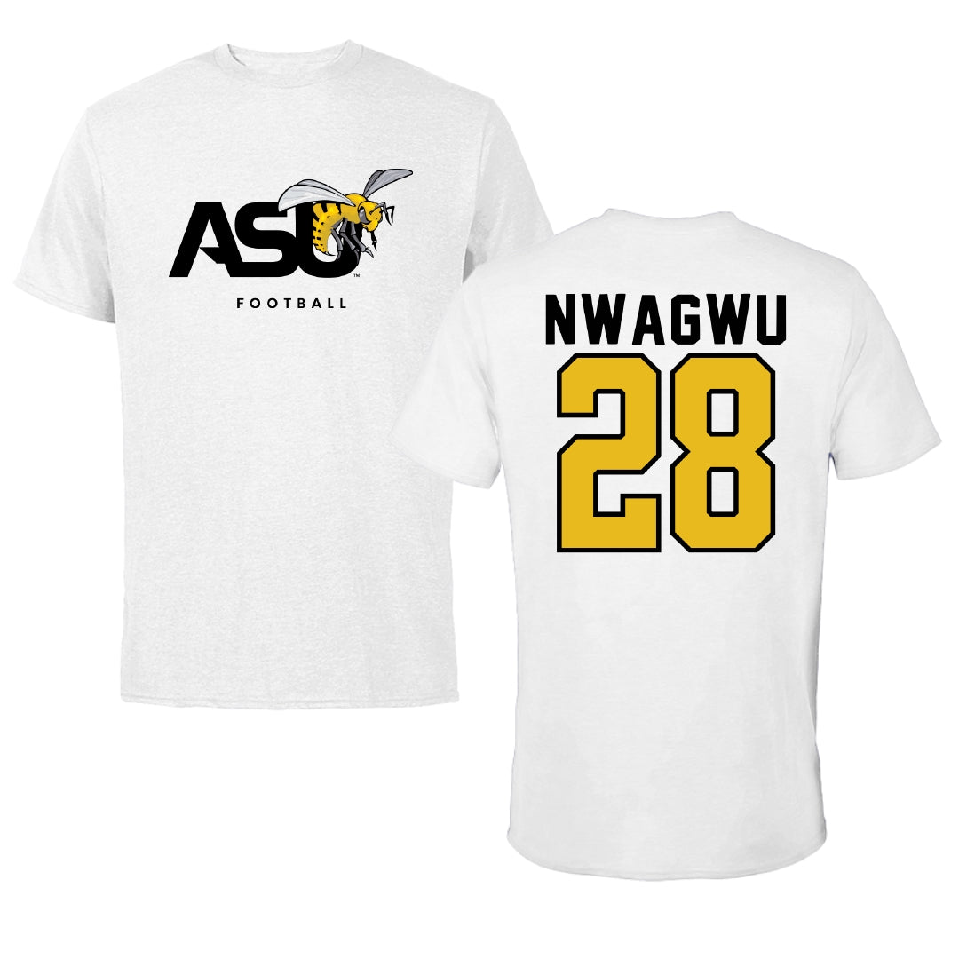 Alabama State University Football White ASU Performance Tee - #28 Nathan Nwagwu