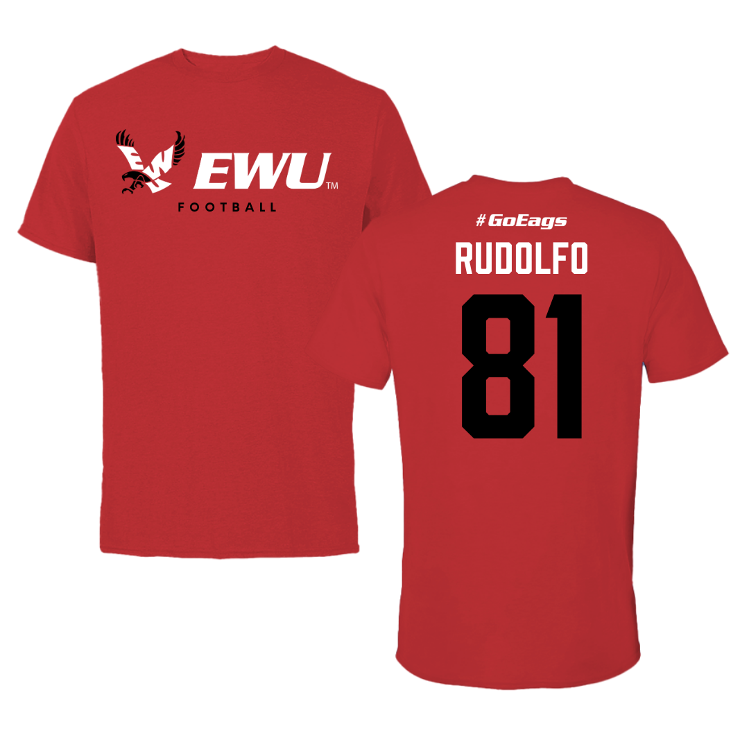 Eastern Washington University Football Red Block Tee - #81 Riley Rudolfo