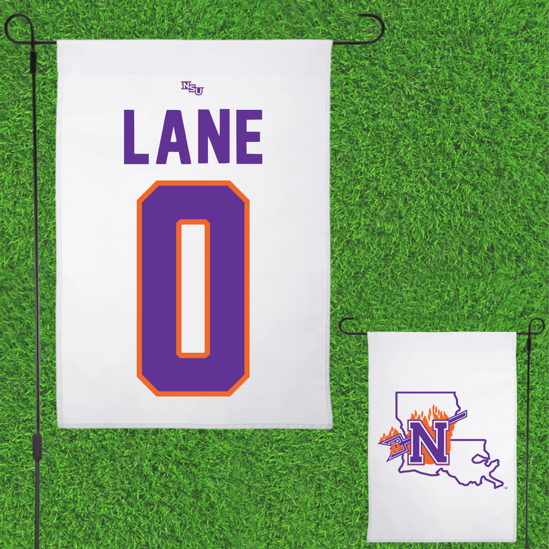Northwestern State University Basketball White Garden Flag - #0 Jimel Lane