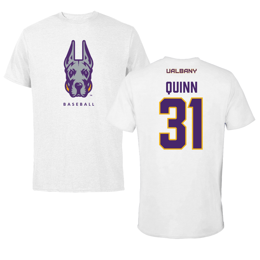 University at Albany Baseball White Mascot Tee - #31 Thomas Quinn