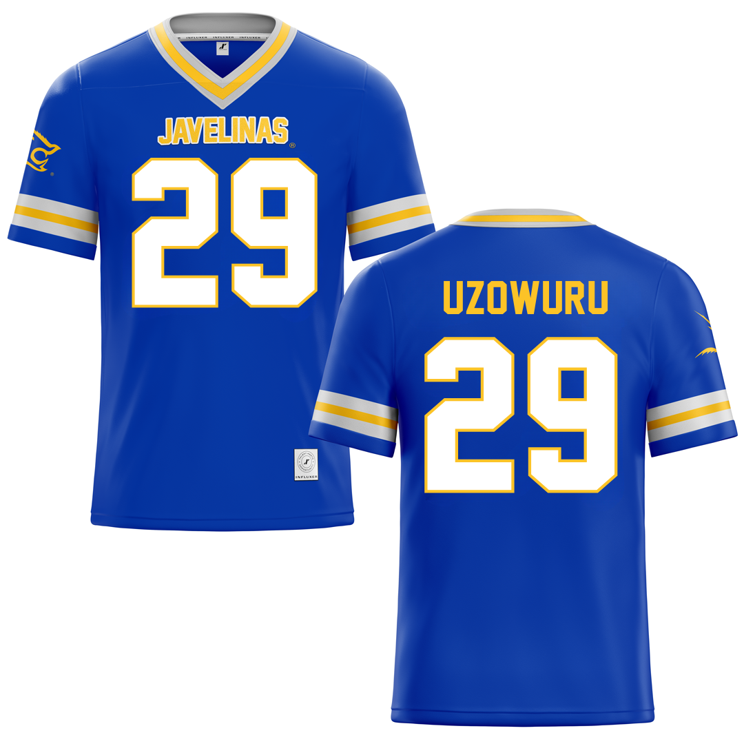 Texas A&M University-Kingsville Blue Football Jersey - #29 Bryan Uzowuru