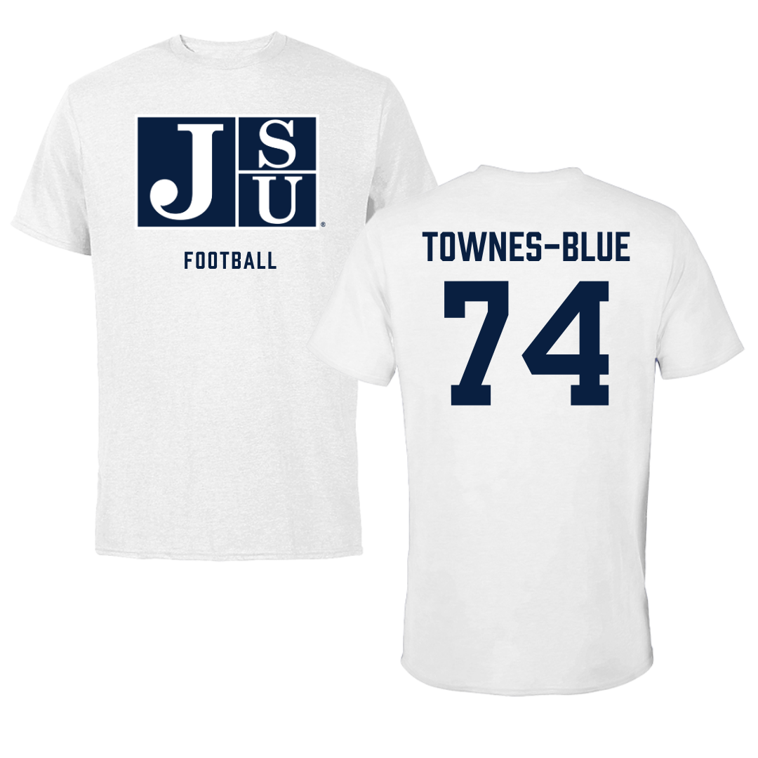 Jackson State University Football White Performance Tee - #74 D’Andre Townes-Blue