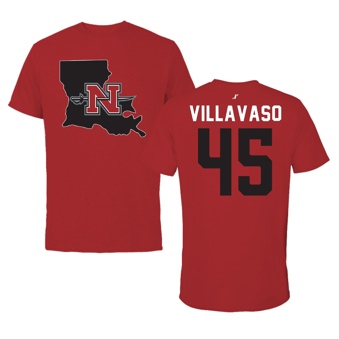 Nicholls State University Football Canvas Red State Tee - #45 Alex Villavaso