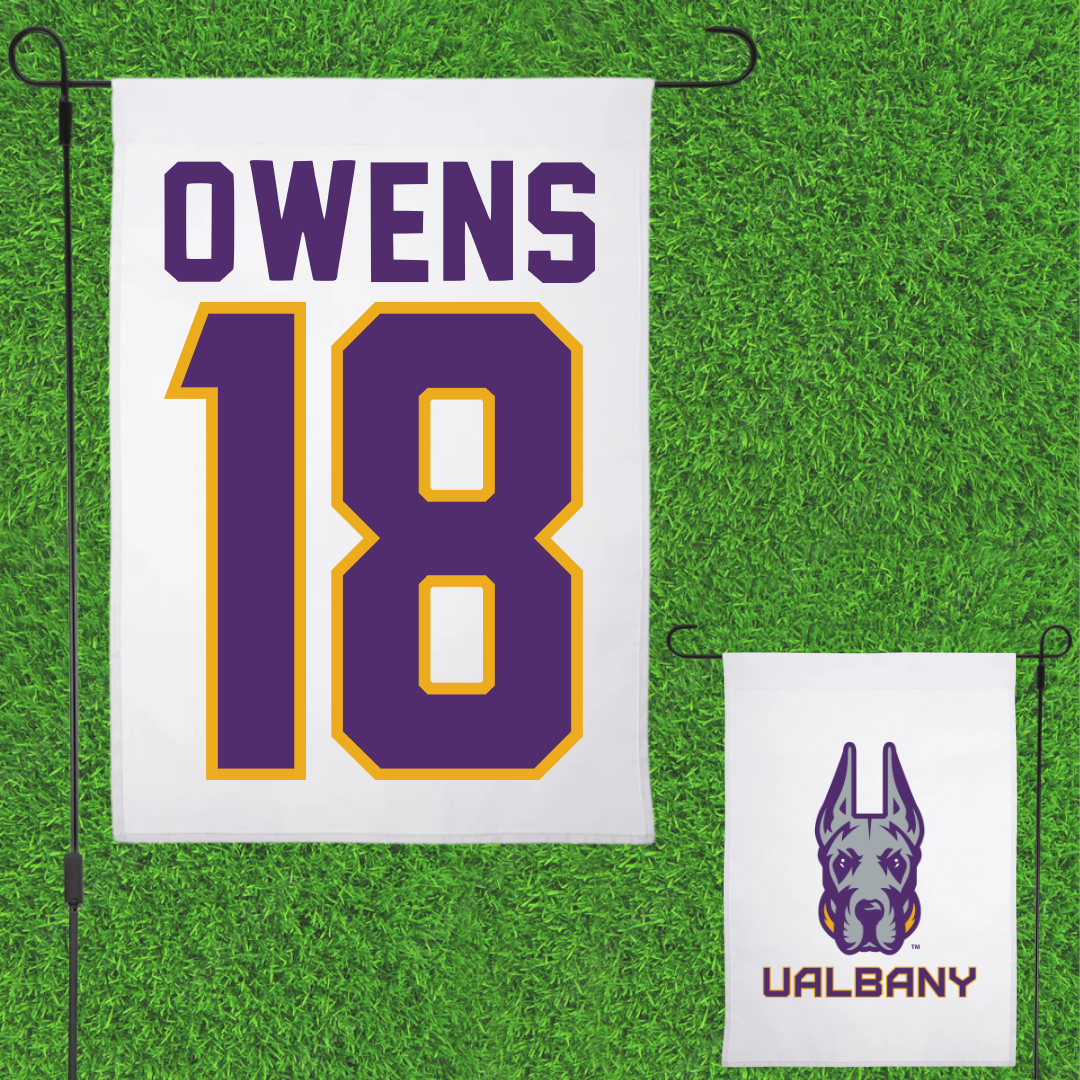 University at Albany Soccer White Garden Flag - #18 Claire Owens