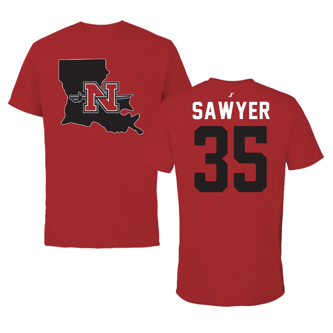 Nicholls State University Baseball Canvas Red State Tee - #35 Barron Sawyer