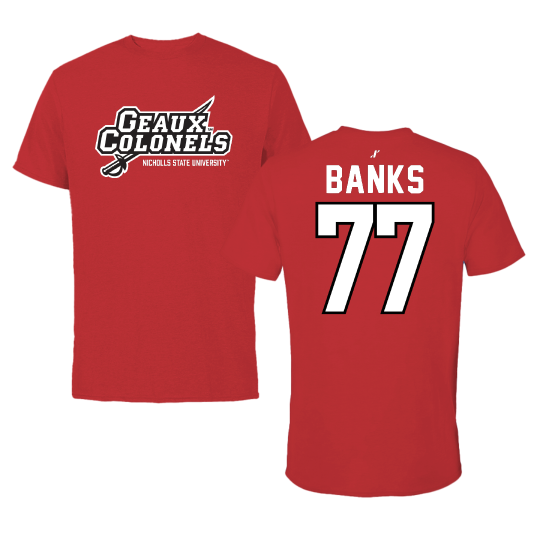 Nicholls State University Football Red General Tee - #77 Cam Banks