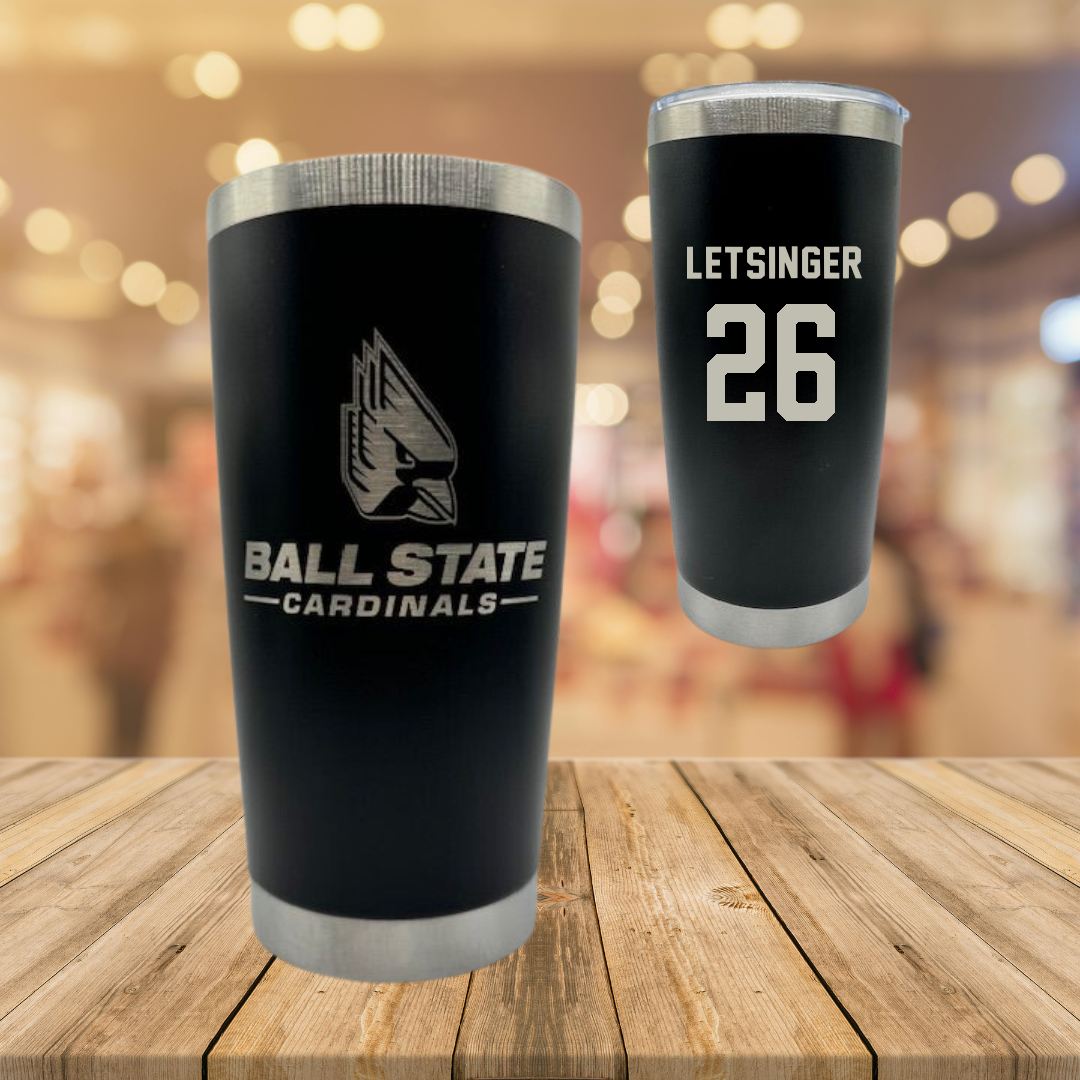 Ball State University Baseball Black Stainless Steel Tumbler - #26 Lucas Letsinger