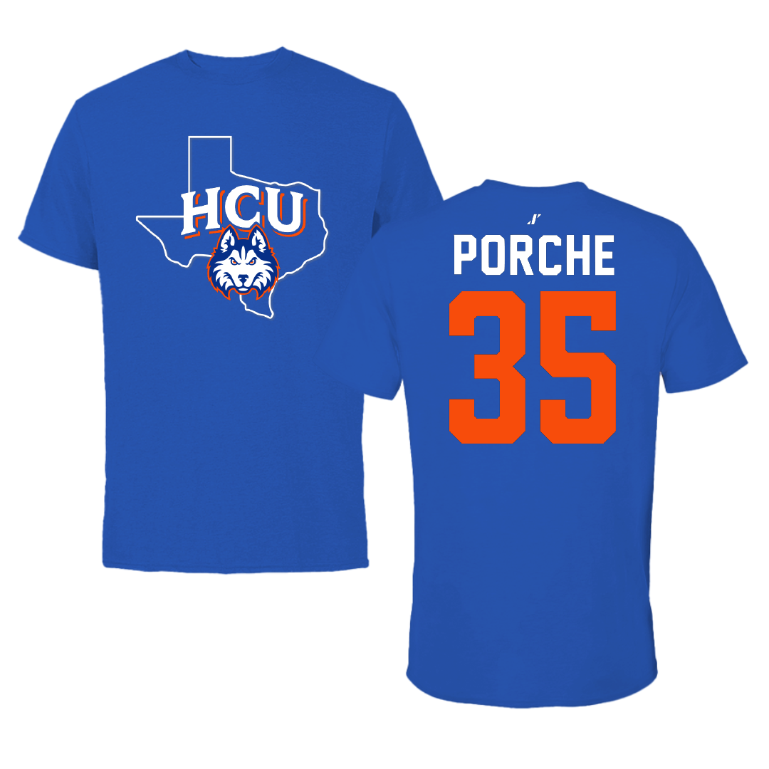 Houston Christian University Baseball Blue State Tee - #35 Ryan Porche