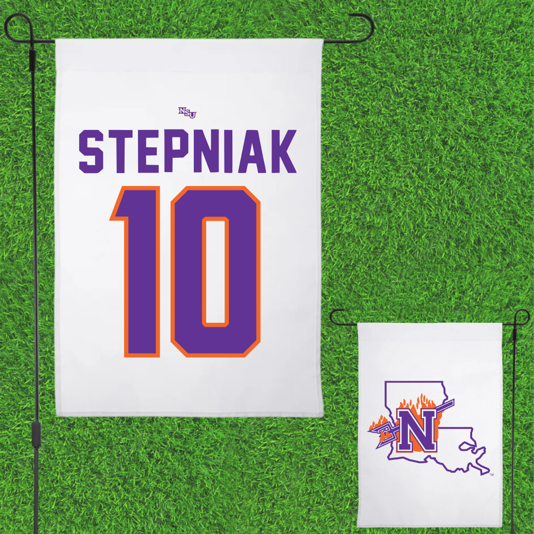 Northwestern State University Soccer White Garden Flag - #10 Laura Stepniak