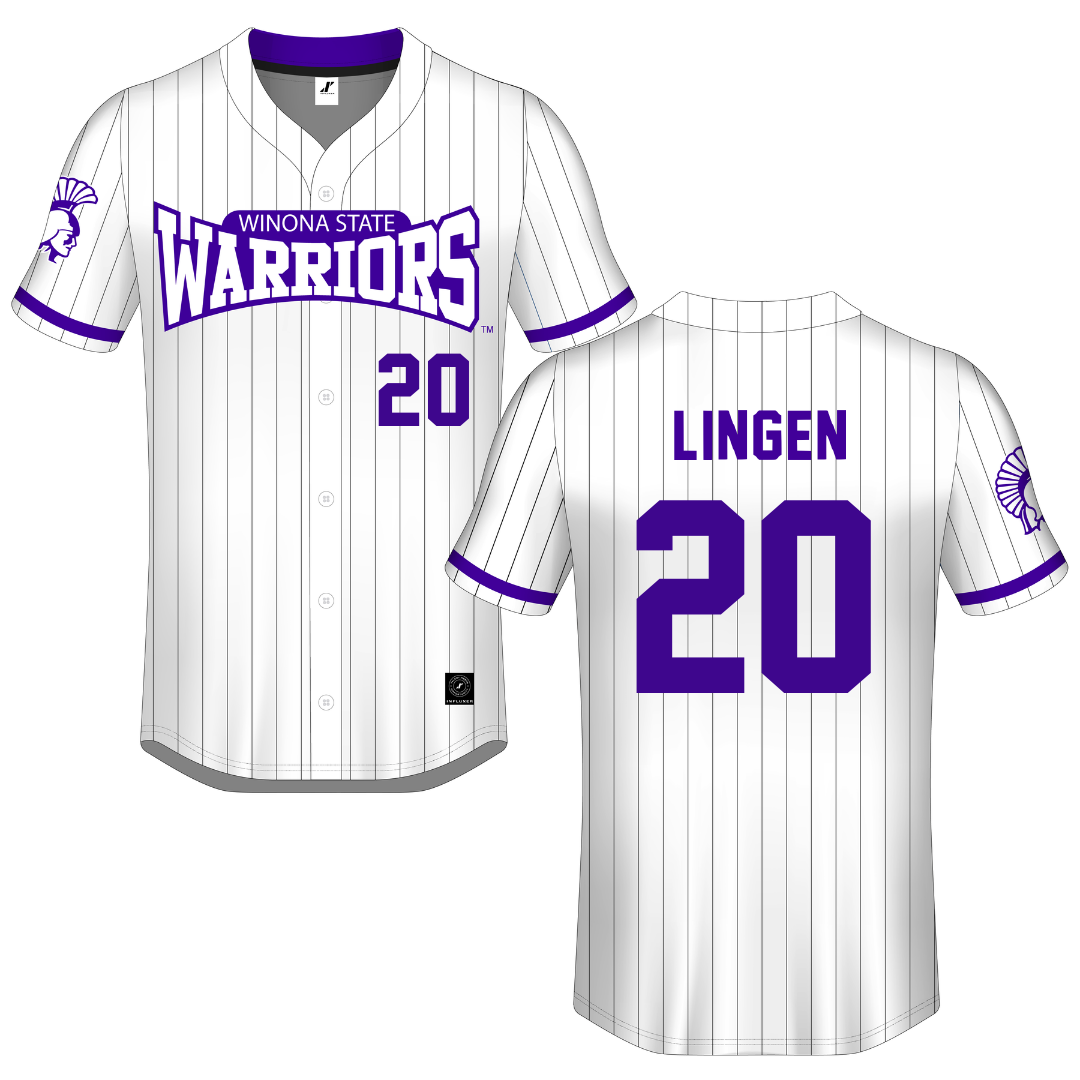 Winona State University White Pinstripe Button-Down Jersey - #20 Drew Lingen