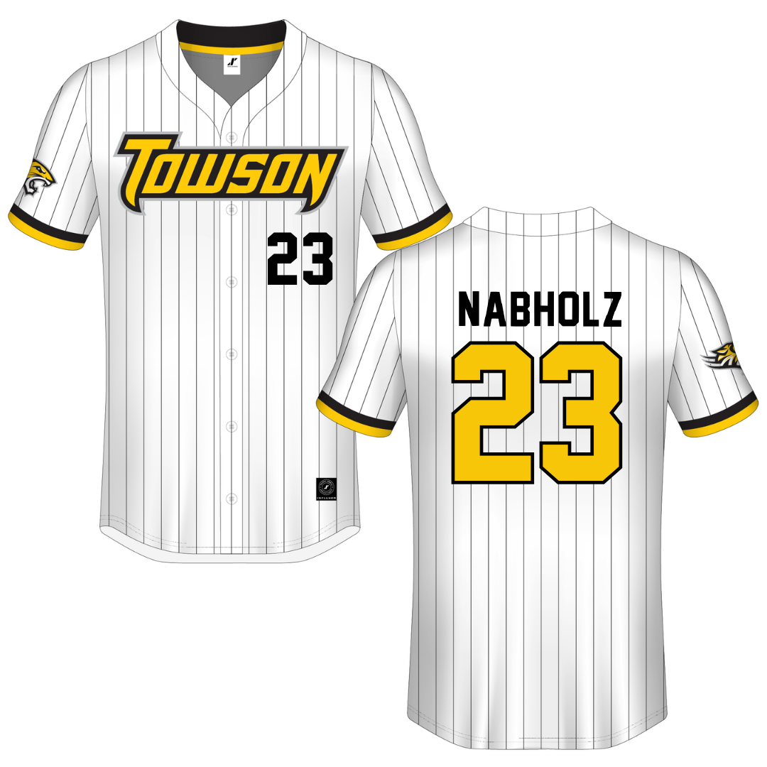 Towson University White Pinstripe Button-Down Jersey - #23 Nate Nabholz
