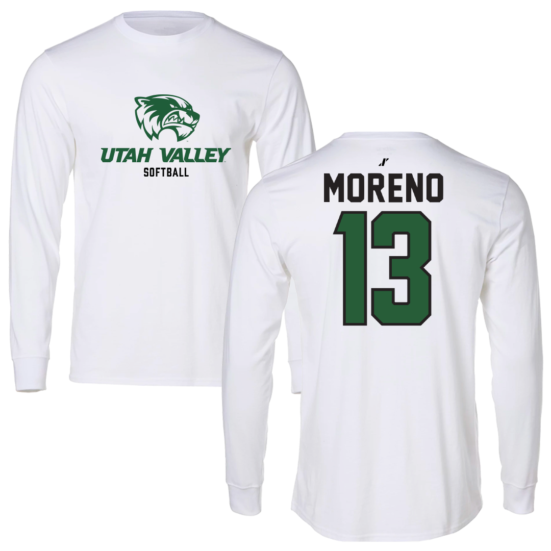 Utah Valley University Softball White Classic Performance Long Sleeve - #13 Britney Moreno