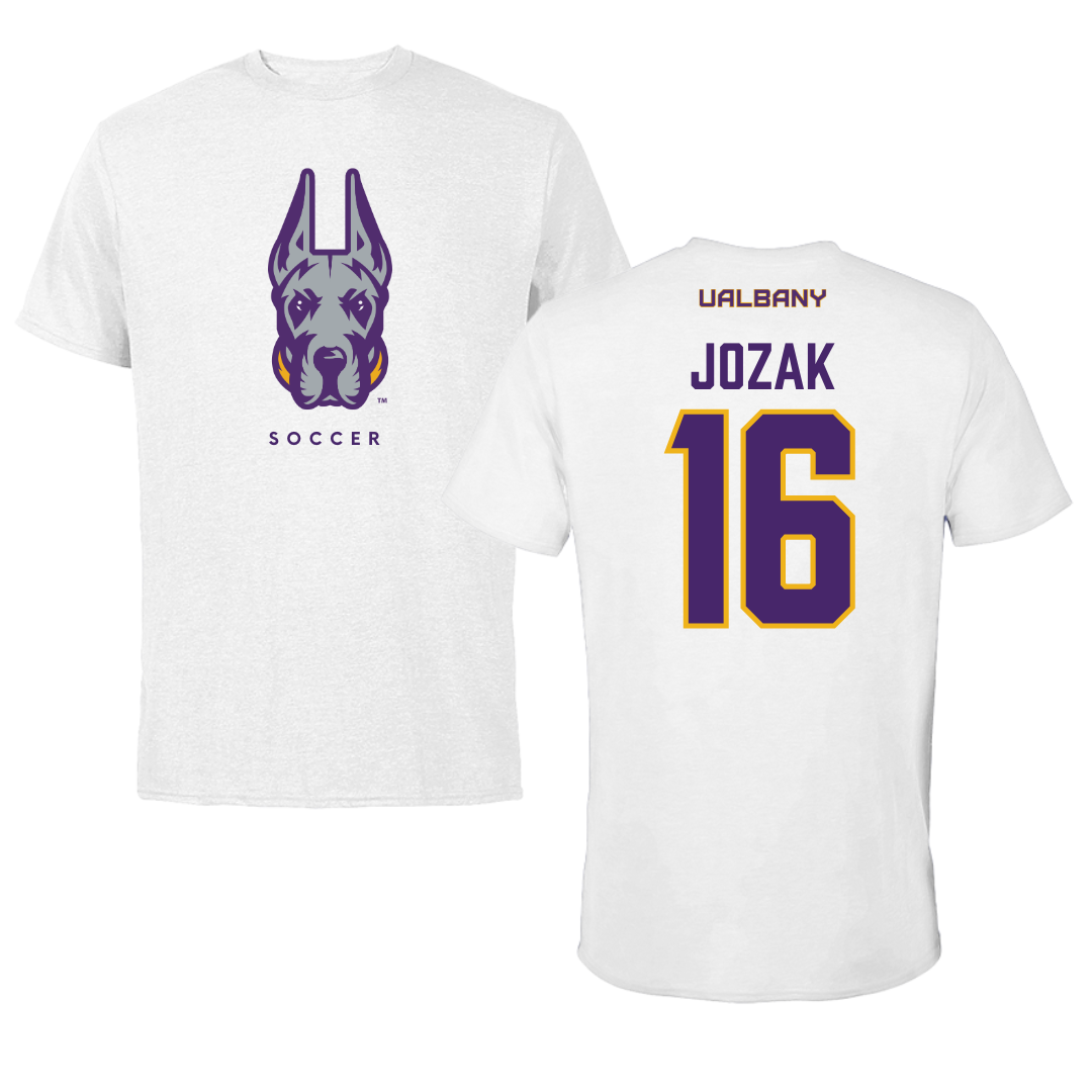 University at Albany Soccer White Mascot Tee - #16 Emily Jozak