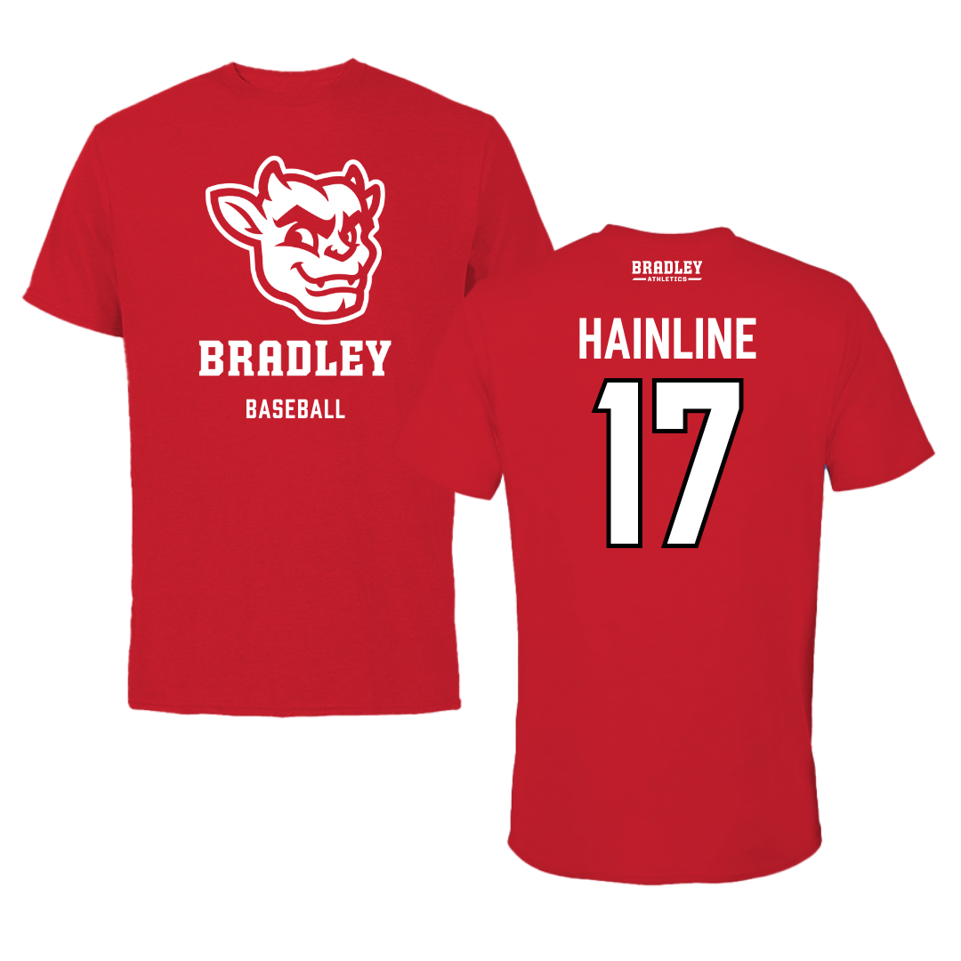 Bradley University Baseball Red Mascot Performance Tee - #17 Nick Hainline