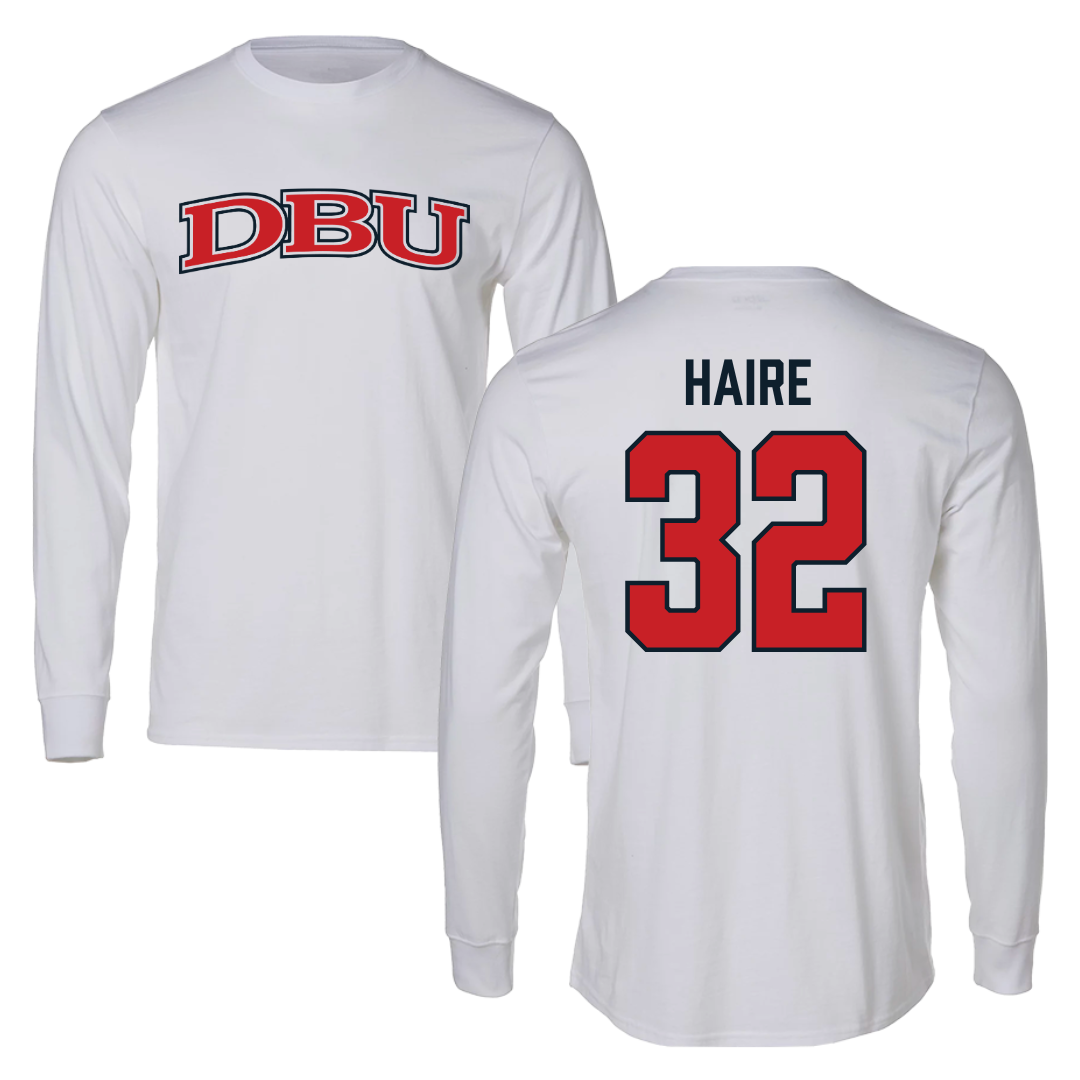 Dallas Baptist University Basketball White Performance Long Sleeve - #32 Justin Haire
