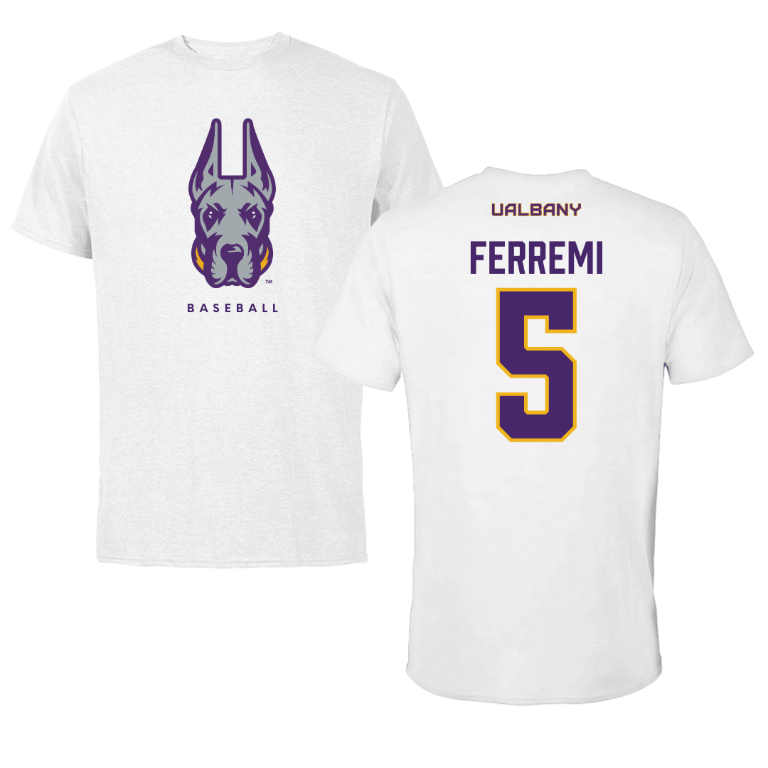 University at Albany Baseball White Mascot Tee - #5 Ryan Ferremi