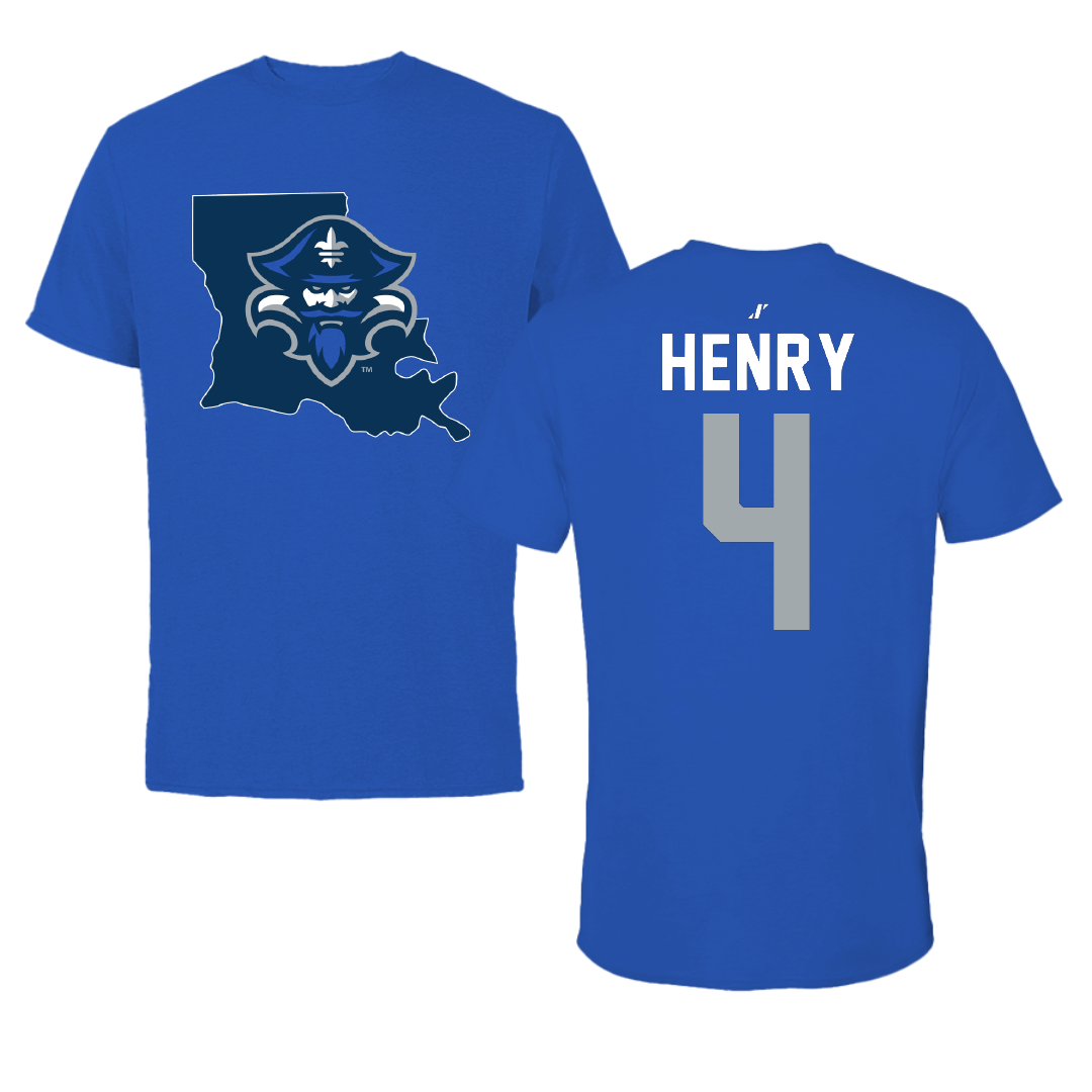 University of New Orleans Basketball Blue State Tee - #4 Omarion Henry