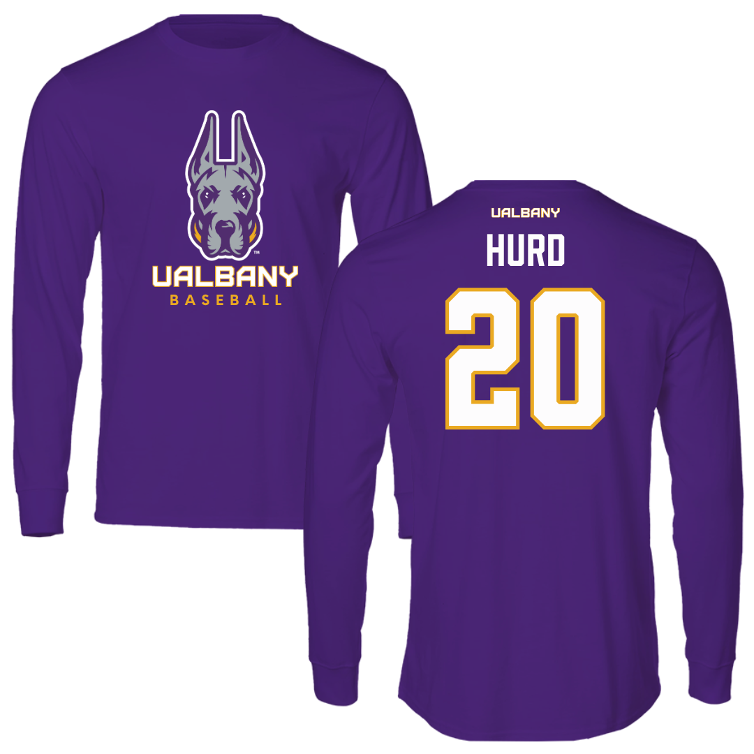 University at Albany Baseball Purple Mascot Long Sleeve - #20 Justin Hurd