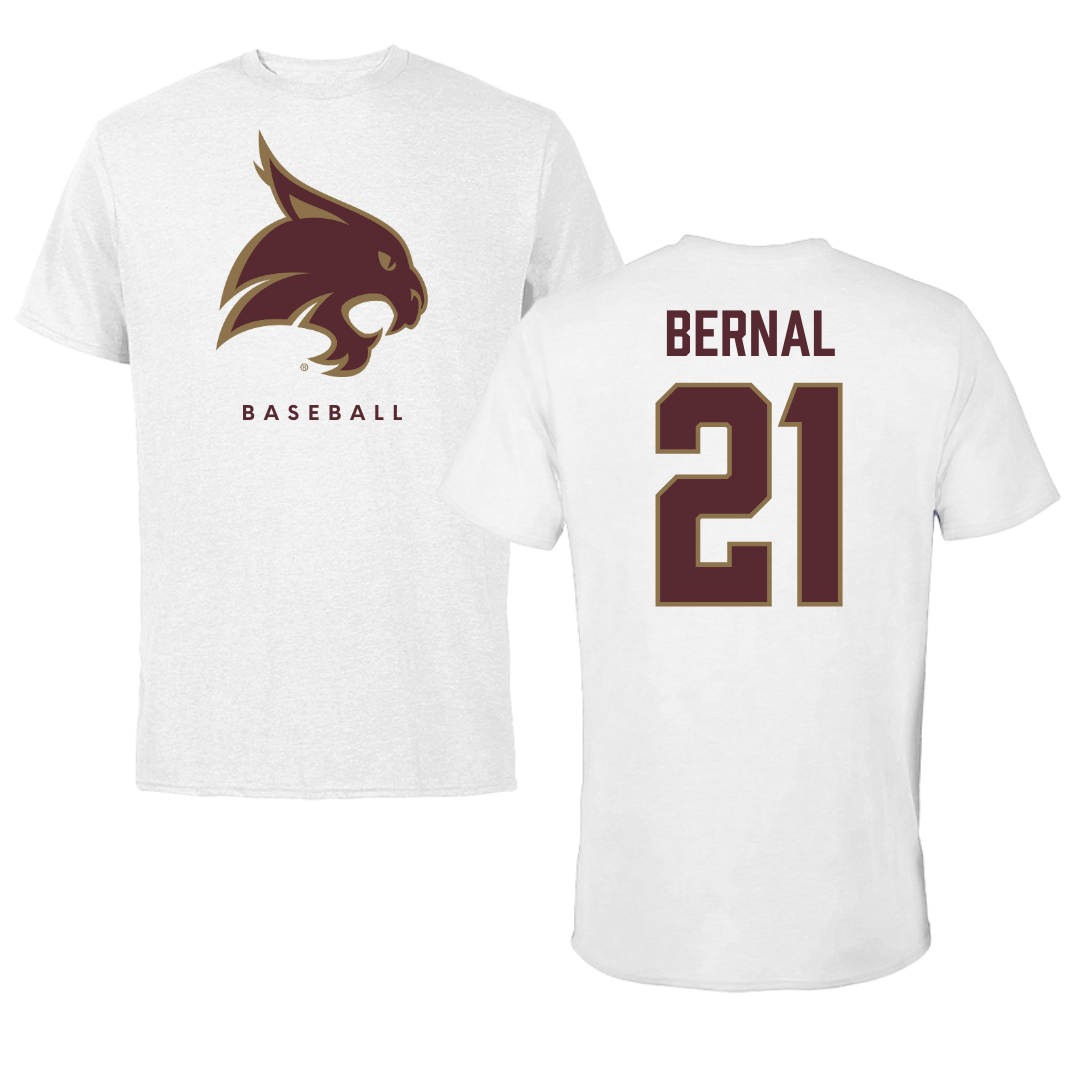 Texas State University Baseball White Performance Tee - #21 Chris Bernal