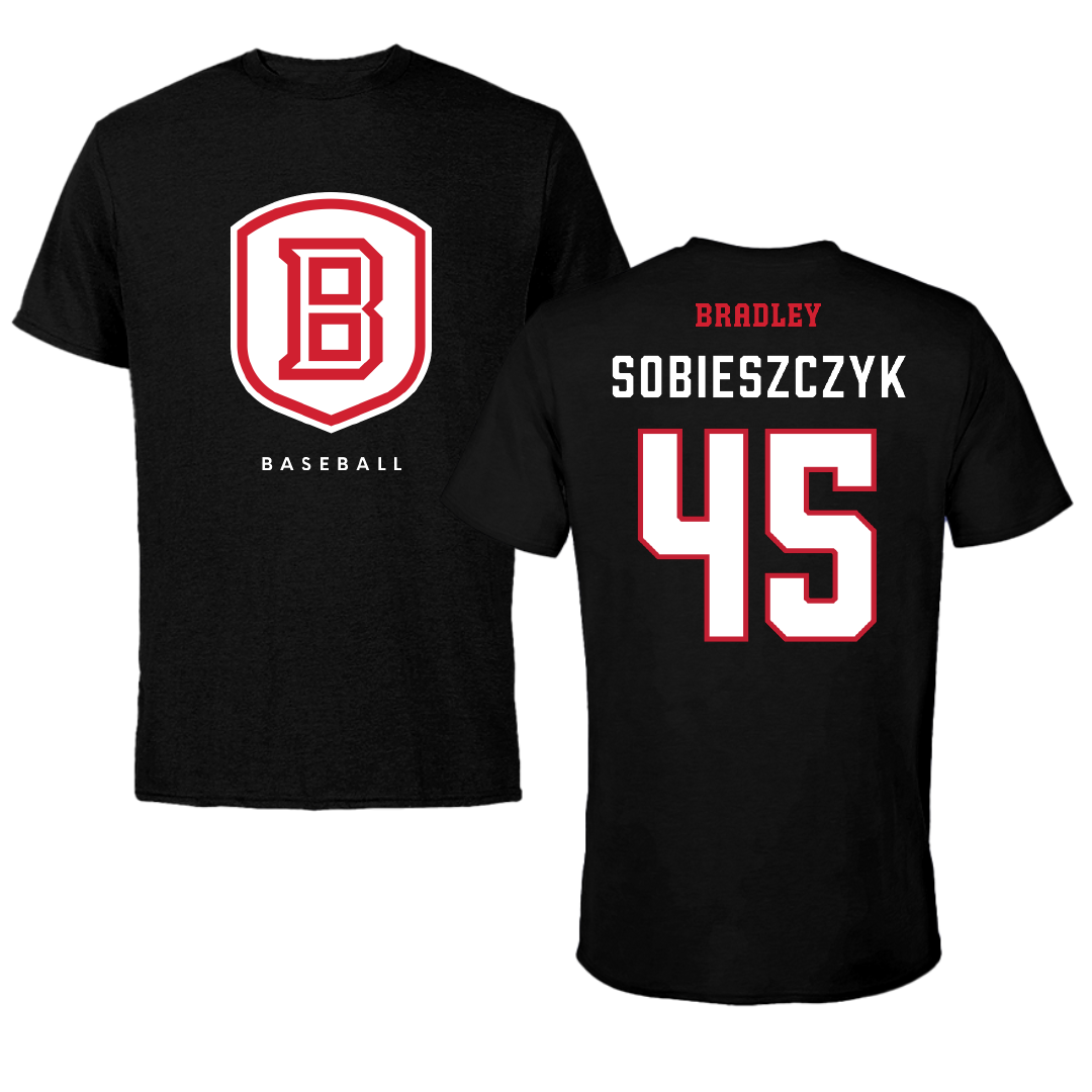Bradley University Baseball Black Shield Performance Tee - #45 Isaac Sobieszczyk