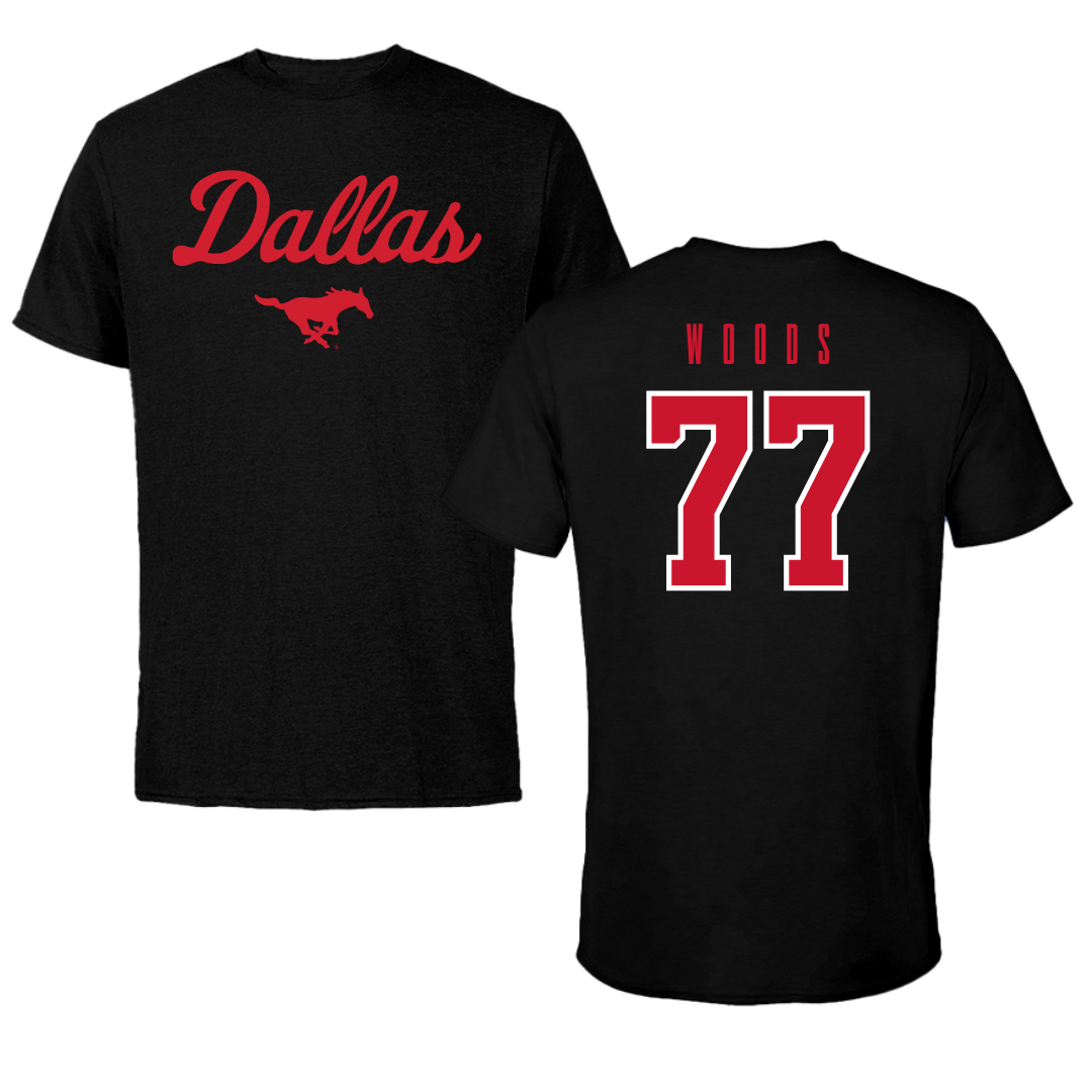 Southern Methodist University Football Black Dallas Performance Tee - #77 Alex Woods