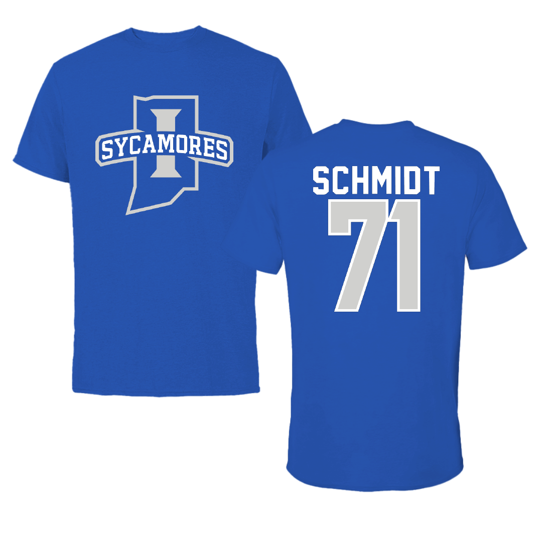 Indiana State University Football Blue Mascot Performance Tee - #71 Carter Schmidt