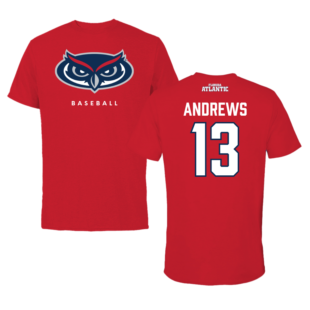 Florida Atlantic University Baseball Red Jersey Tee - #13 Steven Andrews