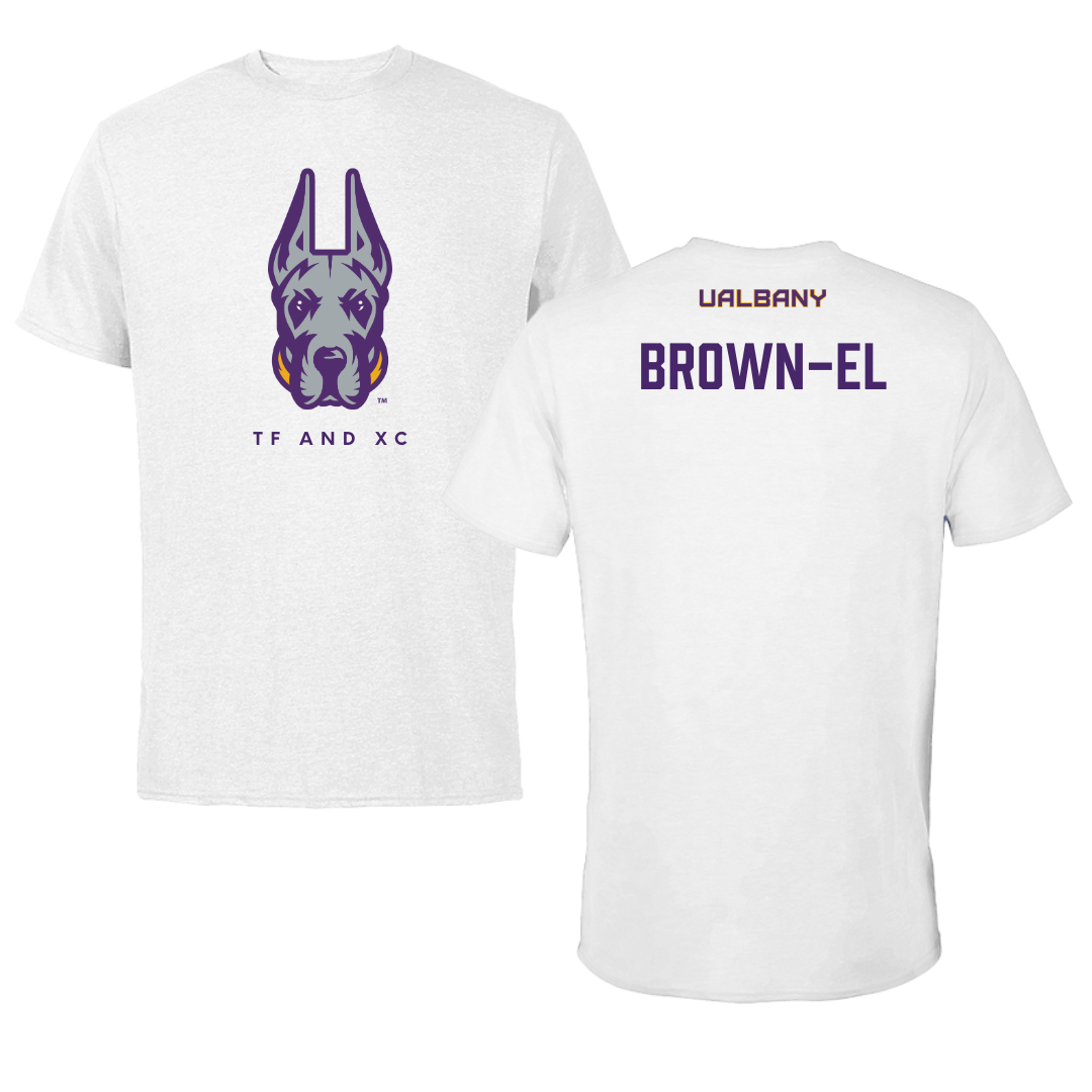 University at Albany TF and XC White Mascot Tee - Malachi Brown-El