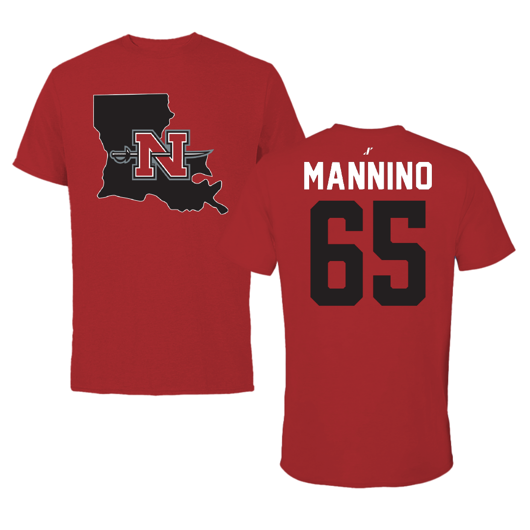 Nicholls State University Football Canvas Red State Tee - #65 Christian Mannino