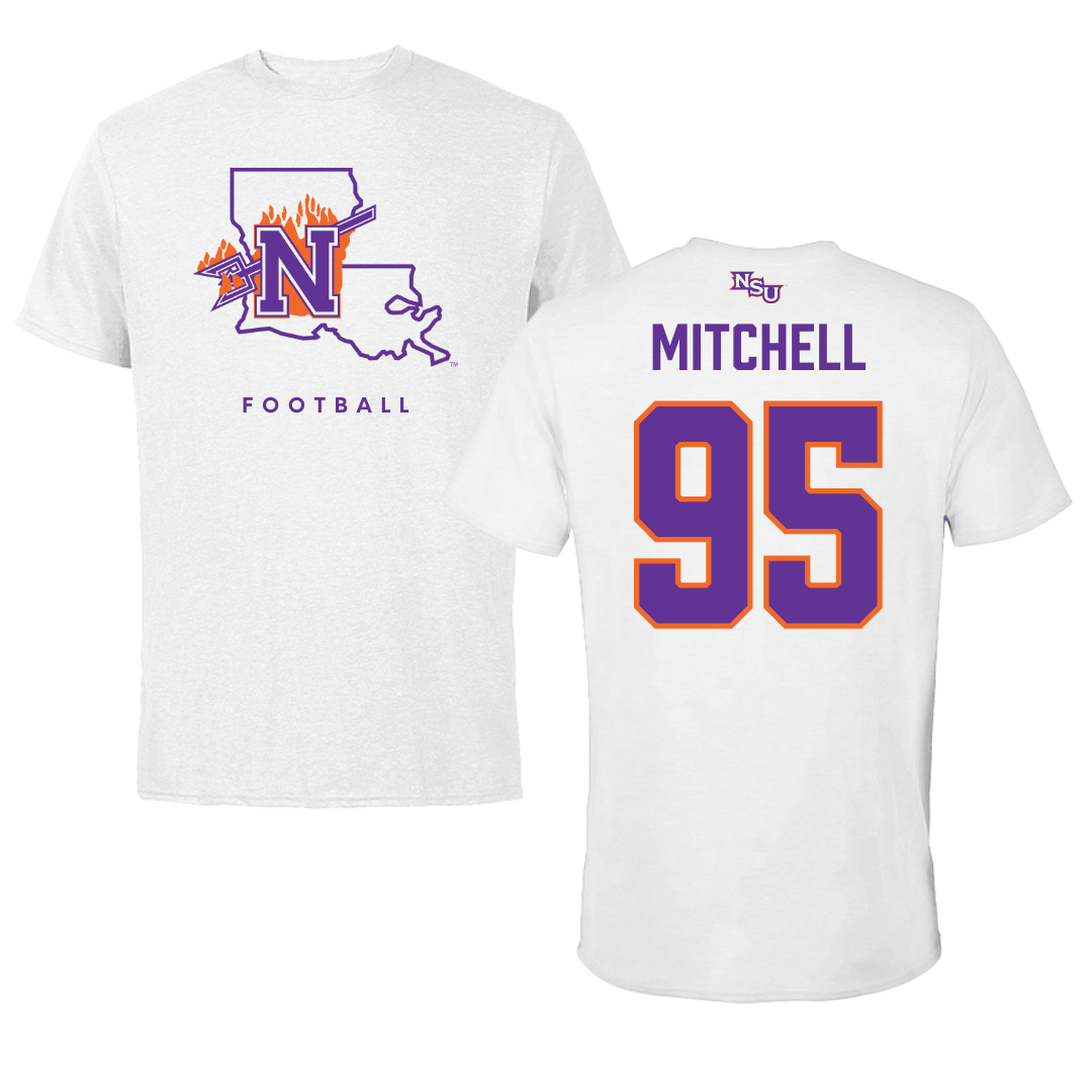 Northwestern State University Football White Performance Tee - #95 Johnny Mitchell