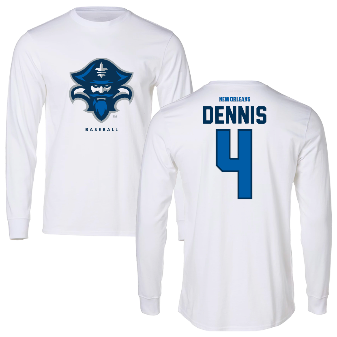 University of New Orleans Baseball White Long Sleeve - #4 Cortez Dennis
