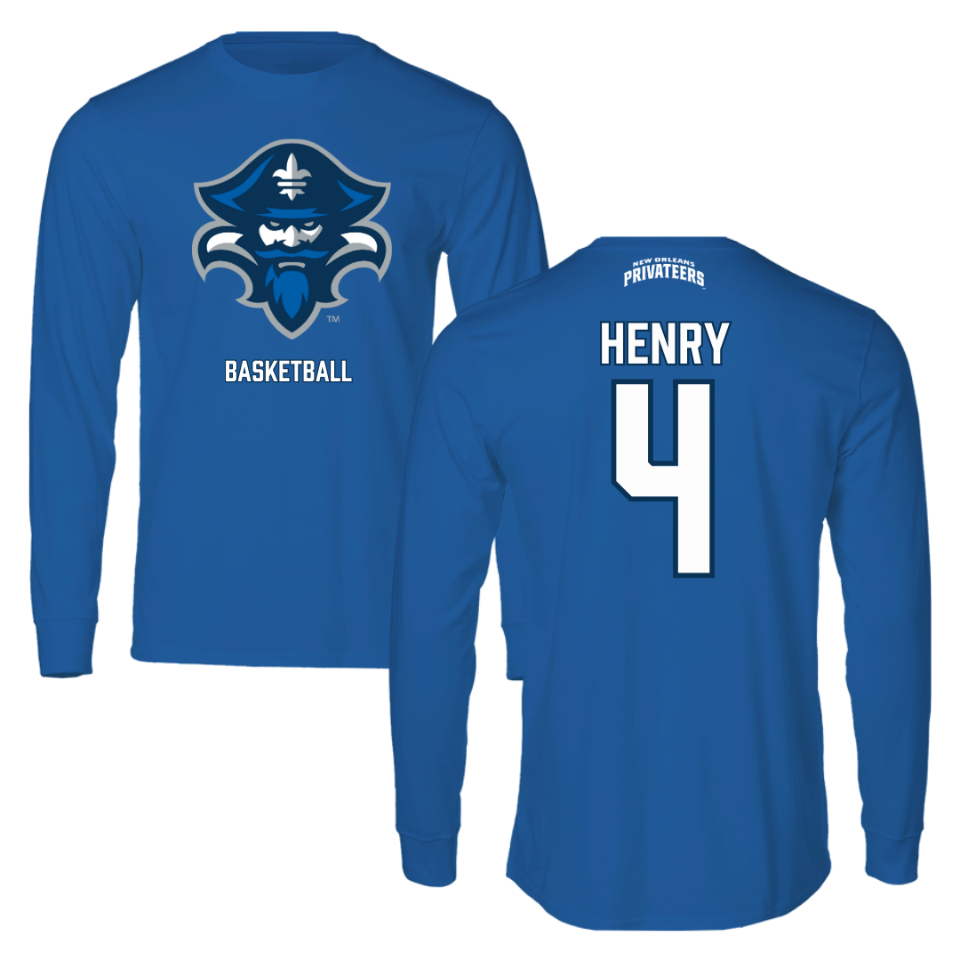 University of New Orleans Basketball Blue Performance Long Sleeve - #4 Omarion Henry