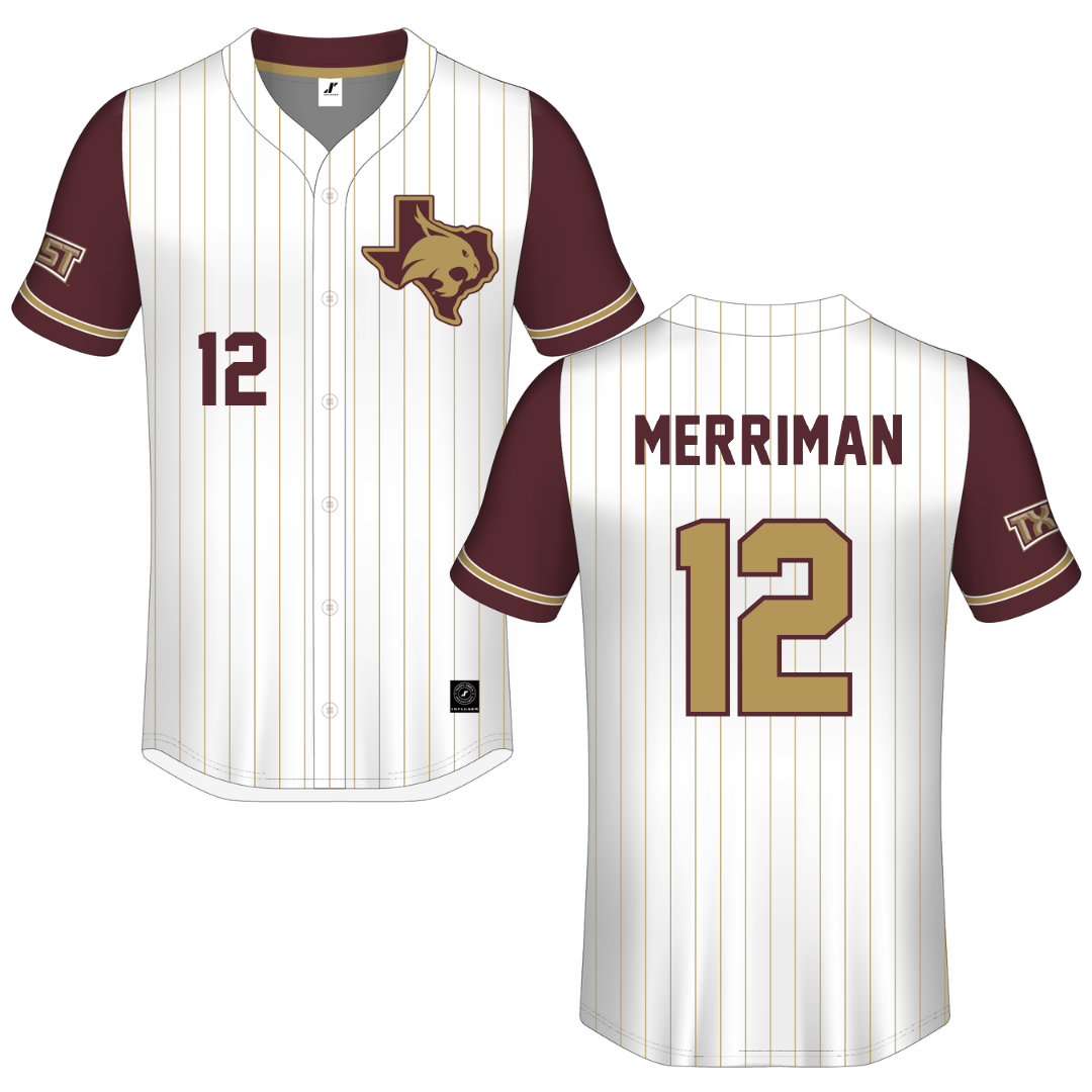 Texas State University White Pinstripe Button-Down Jersey - #12 Ben Merriman