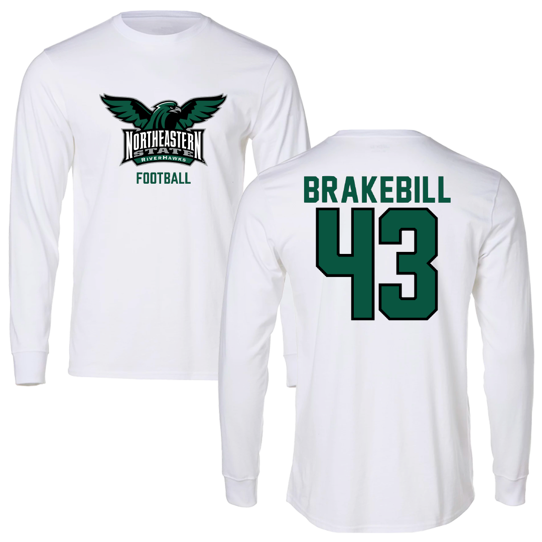 Northeastern State University Football White Performance Long Sleeve - #43 Kale Brakebill