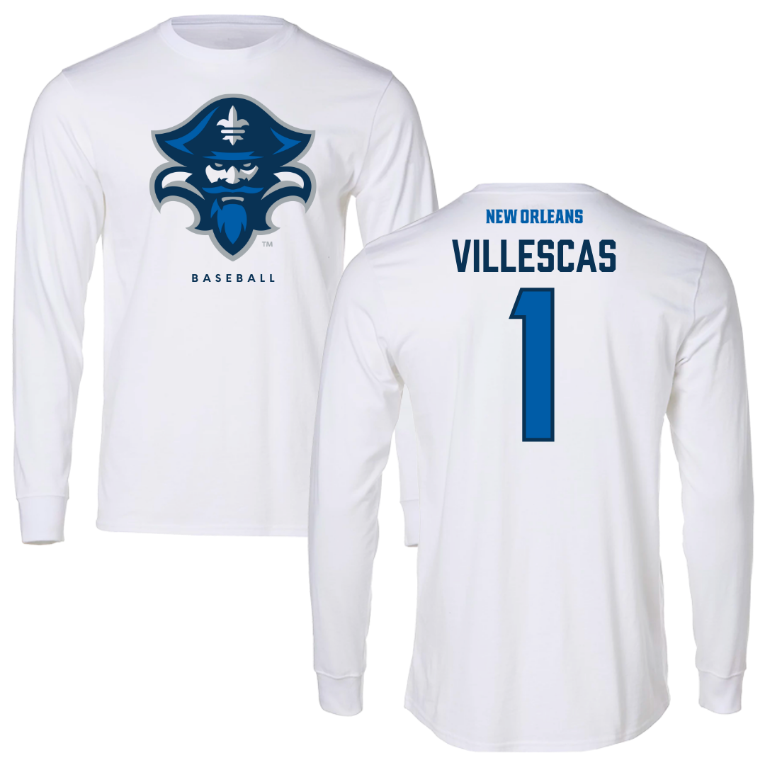 University of New Orleans Baseball White Long Sleeve - #1 Diego Villescas