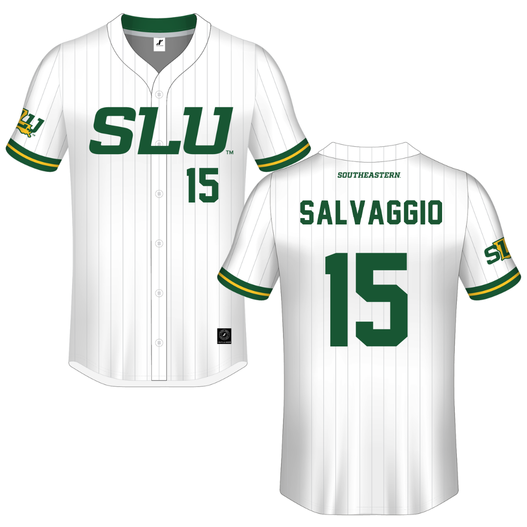 Southeastern Louisiana University White Pinstripe Button-Down Jersey - #15 TJ Salvaggio