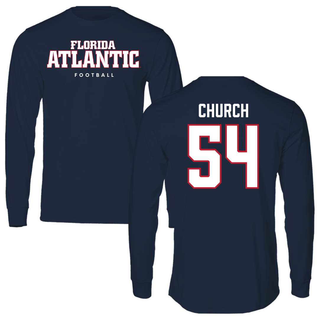 Florida Atlantic University Football Navy Block Long Sleeve - #54 Jordan Church