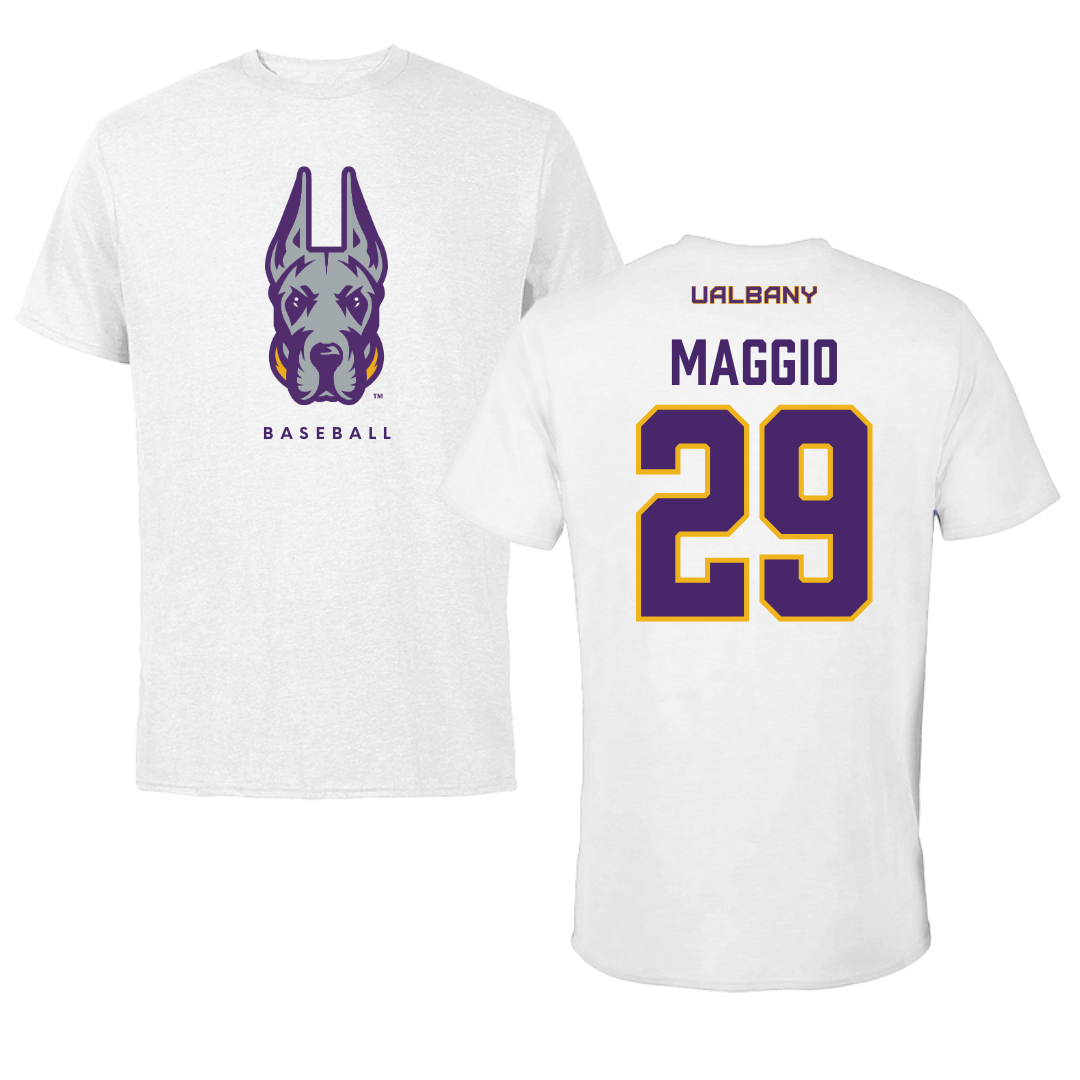 University at Albany Baseball White Mascot Tee - #29 Michael Maggio
