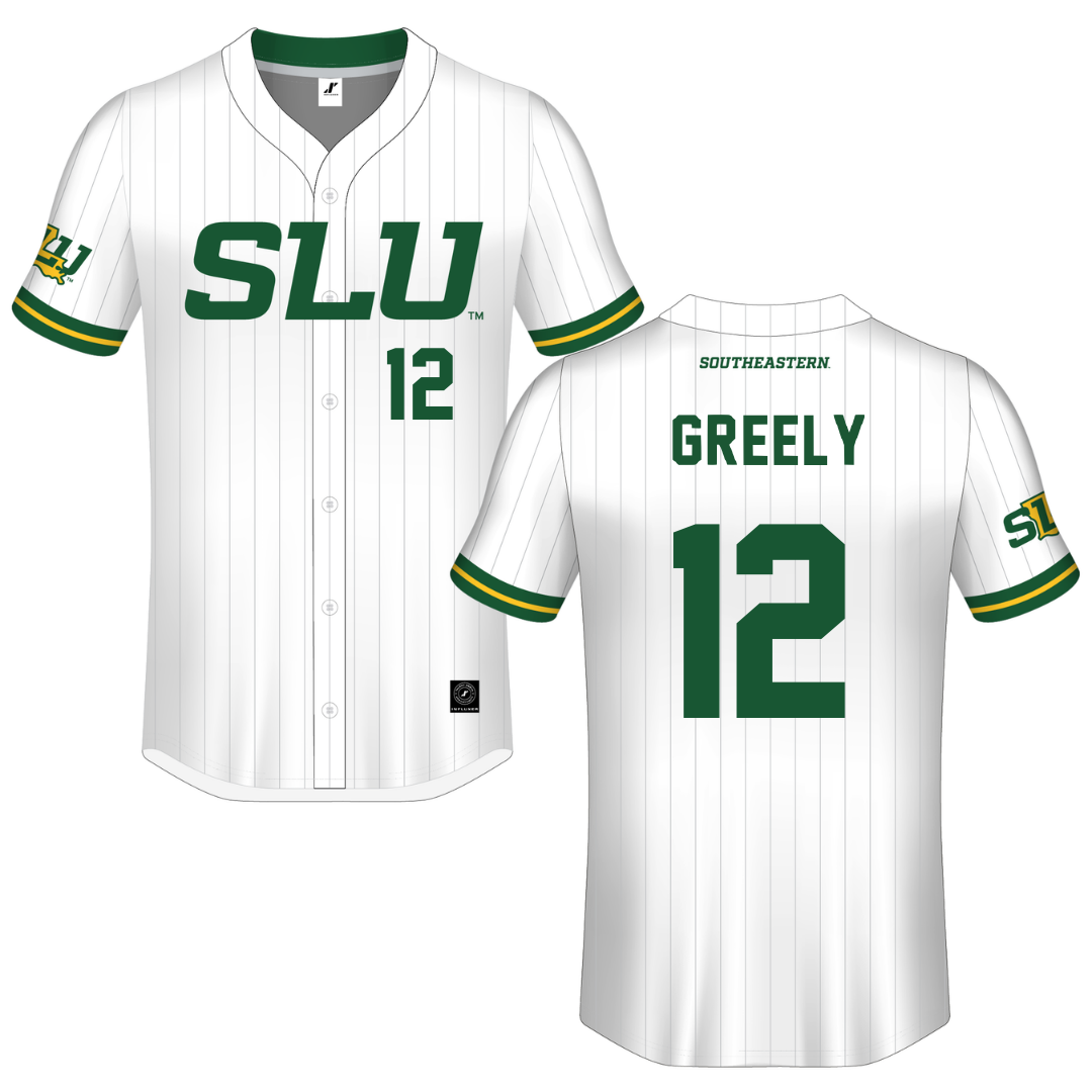 Southeastern Louisiana University White Pinstripe Button-Down Jersey - #12 Audrey Greely