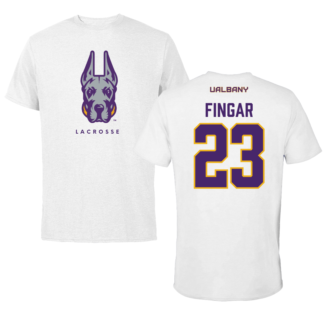 University at Albany Lacrosse White Mascot Tee - #23 Conner Fingar