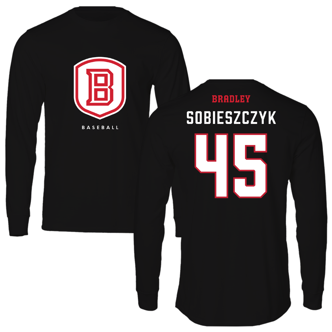 Bradley University Baseball Black Shield Performance Long Sleeve - #45 Isaac Sobieszczyk