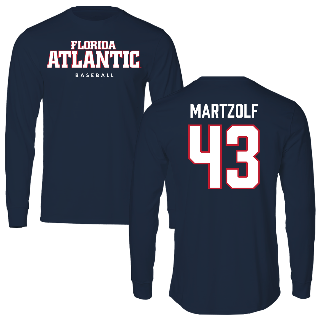 Florida Atlantic University Baseball Navy Block Performance Long Sleeve - #43 Max Martzolf