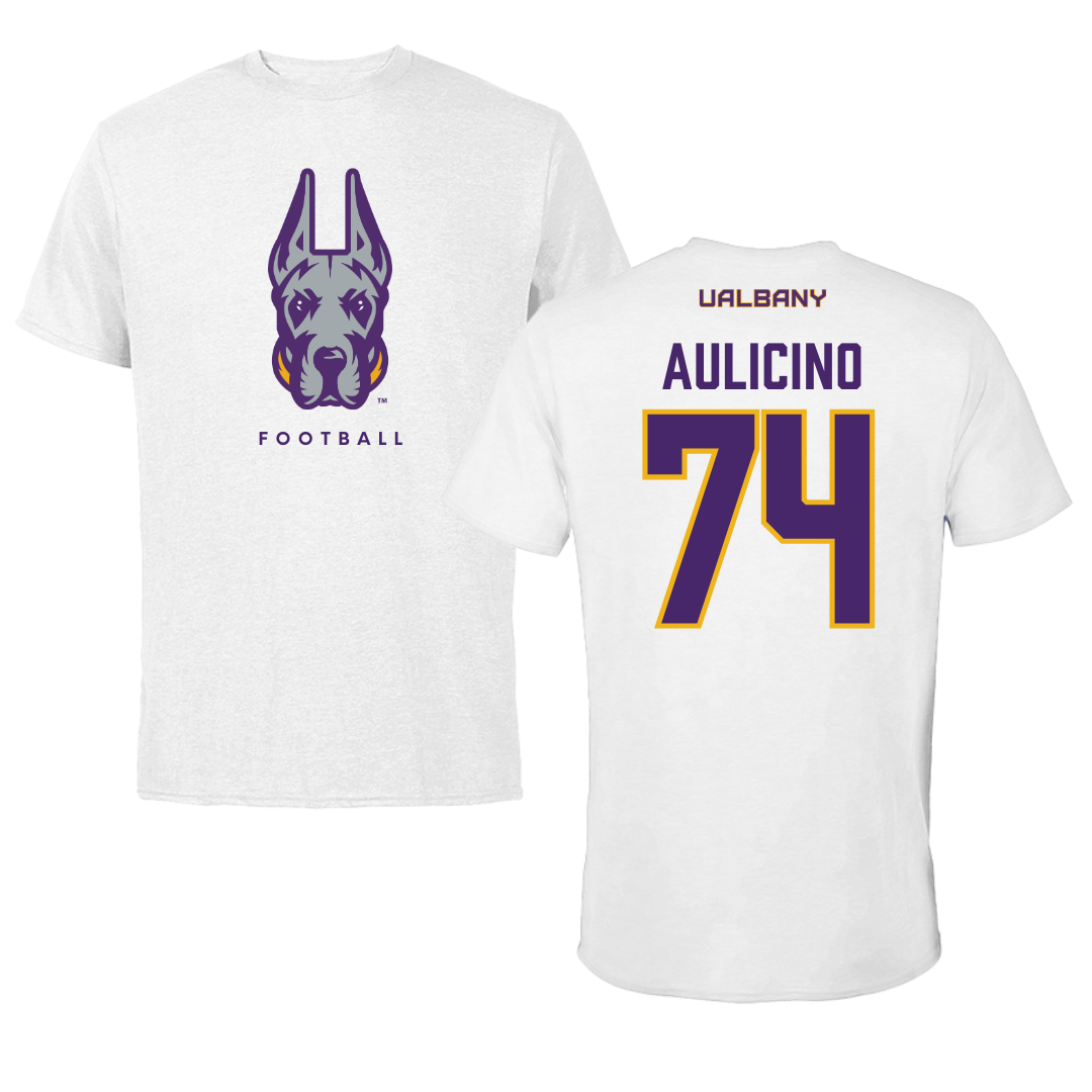 University at Albany Football White Mascot Tee - #74 Matt Aulicino