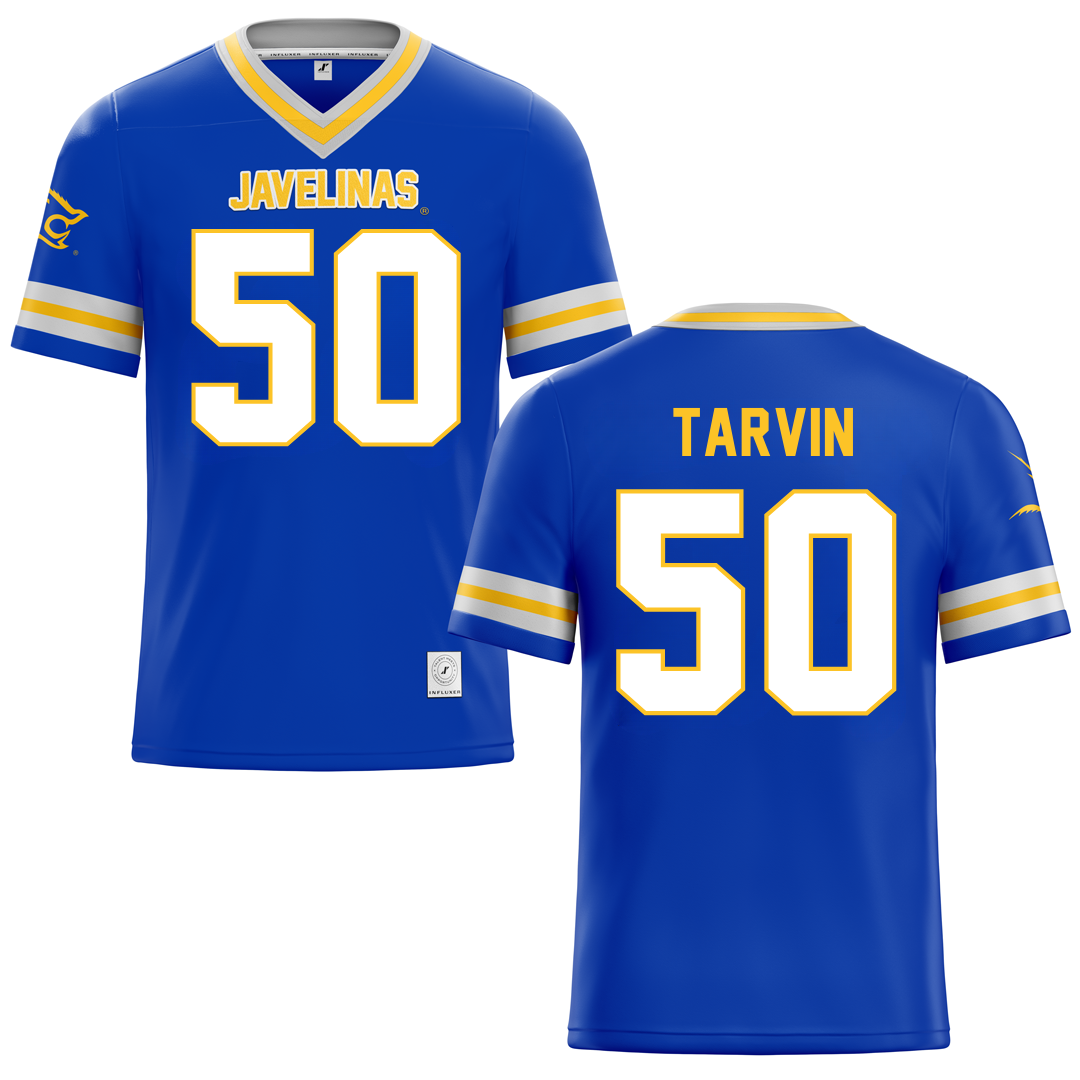 Texas A&M University-Kingsville Blue Football Jersey - #50 Joe Tarvin
